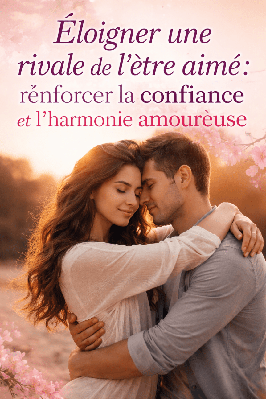 Couple amoureux enlacé au coucher du soleil symbolisant la confiance, l’harmonie et la solidité du couple face à une rivalité amoureuse