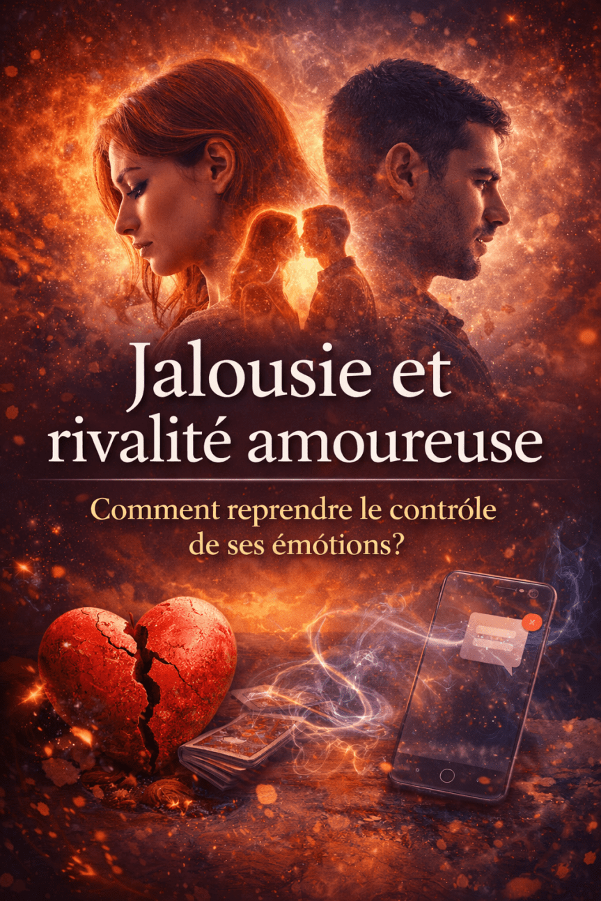 Illustration représentant la jalousie et la rivalité amoureuse dans une relation de couple avec tensions émotionnelles et déséquilibre affectif