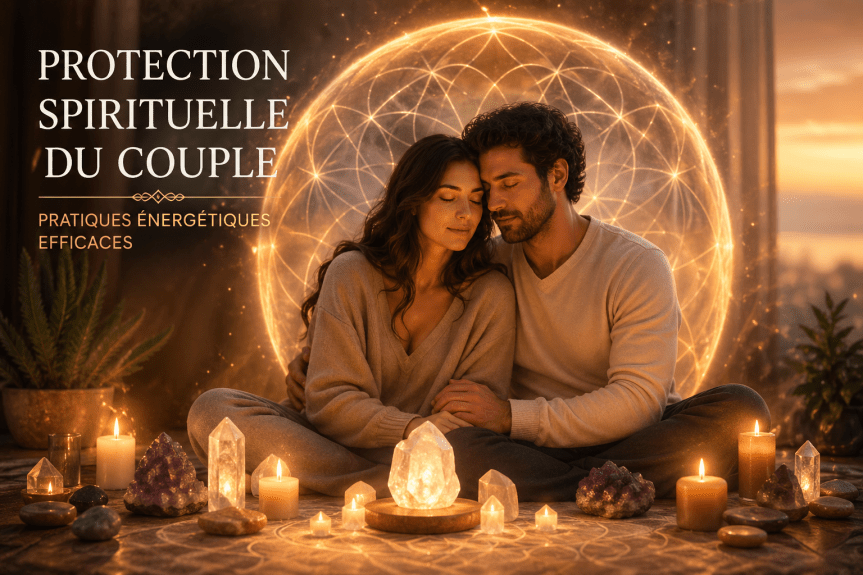 couple en harmonie entouré d’une énergie protectrice symbolisant la protection spirituelle du couple et l’équilibre émotionnel