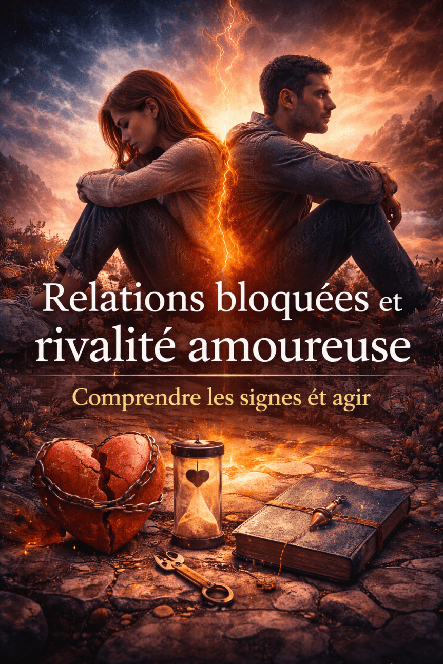 Illustration représentant une relation amoureuse bloquée avec tensions émotionnelles et rivalité amoureuse dans un couple en difficulté