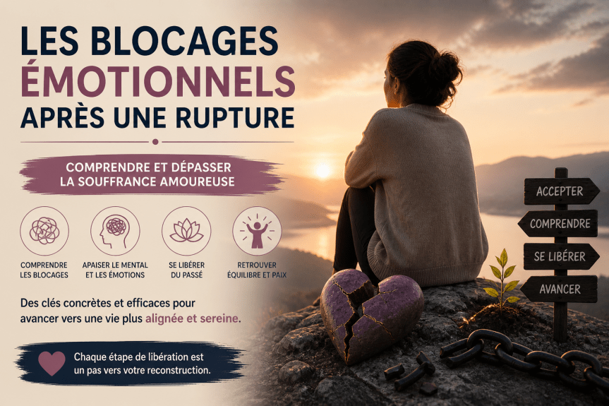 Femme réfléchissant face à un paysage au coucher de soleil après une rupture amoureuse symbolisant les blocages émotionnels, la libération intérieure et la reconstruction personnelle