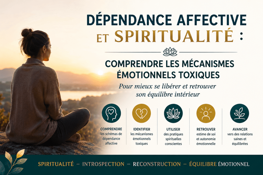 Illustration représentant une personne en réflexion émotionnelle face à une relation toxique et à la dépendance affective dans une démarche spirituelle consciente