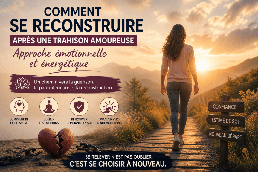 Femme marchant vers la lumière après une trahison amoureuse symbolisant la reconstruction émotionnelle, la guérison intérieure et le nouveau départ