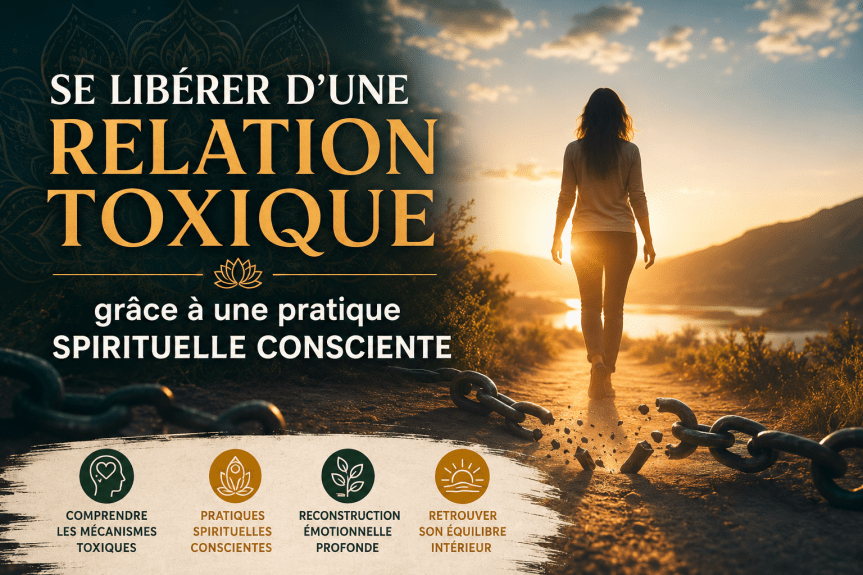 Illustration symbolique représentant une personne retrouvant son équilibre intérieur après une relation toxique grâce à une pratique spirituelle consciente