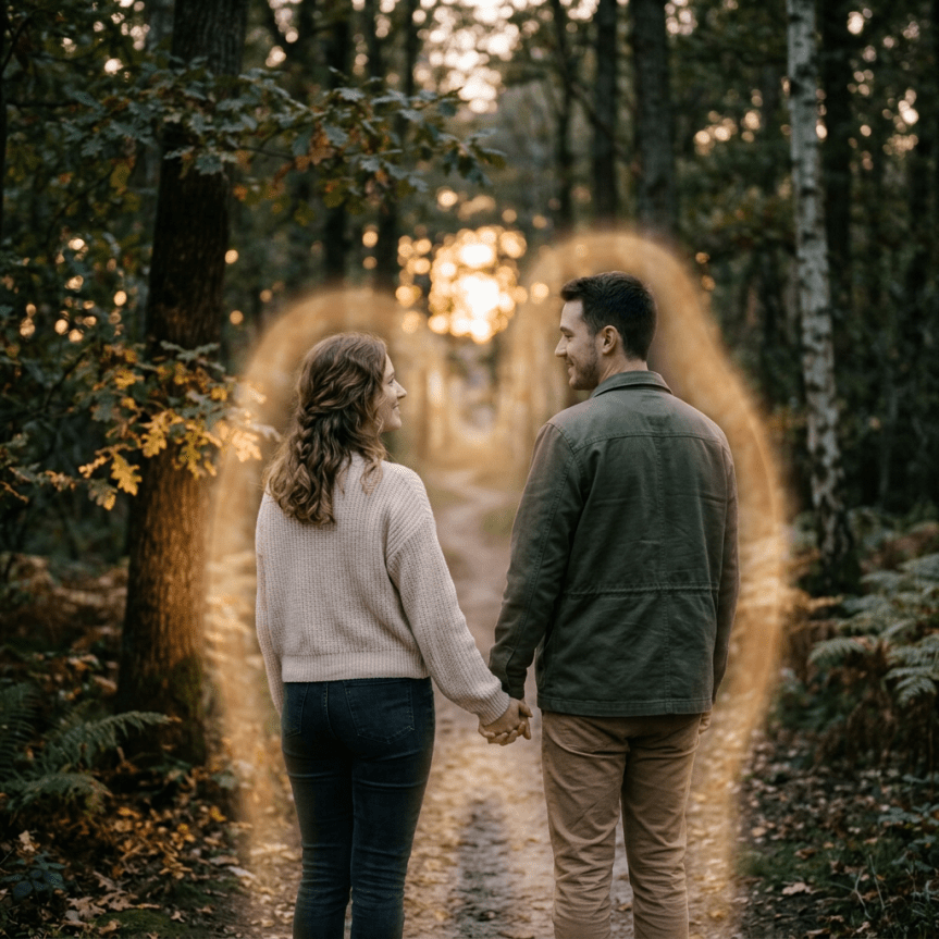 Couple holding hands walking on a forest path with autumn foliage