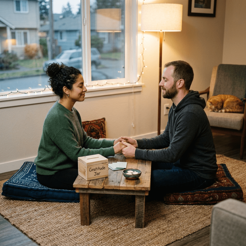 Couple sitting on cushions around a low table with a gratitude jar