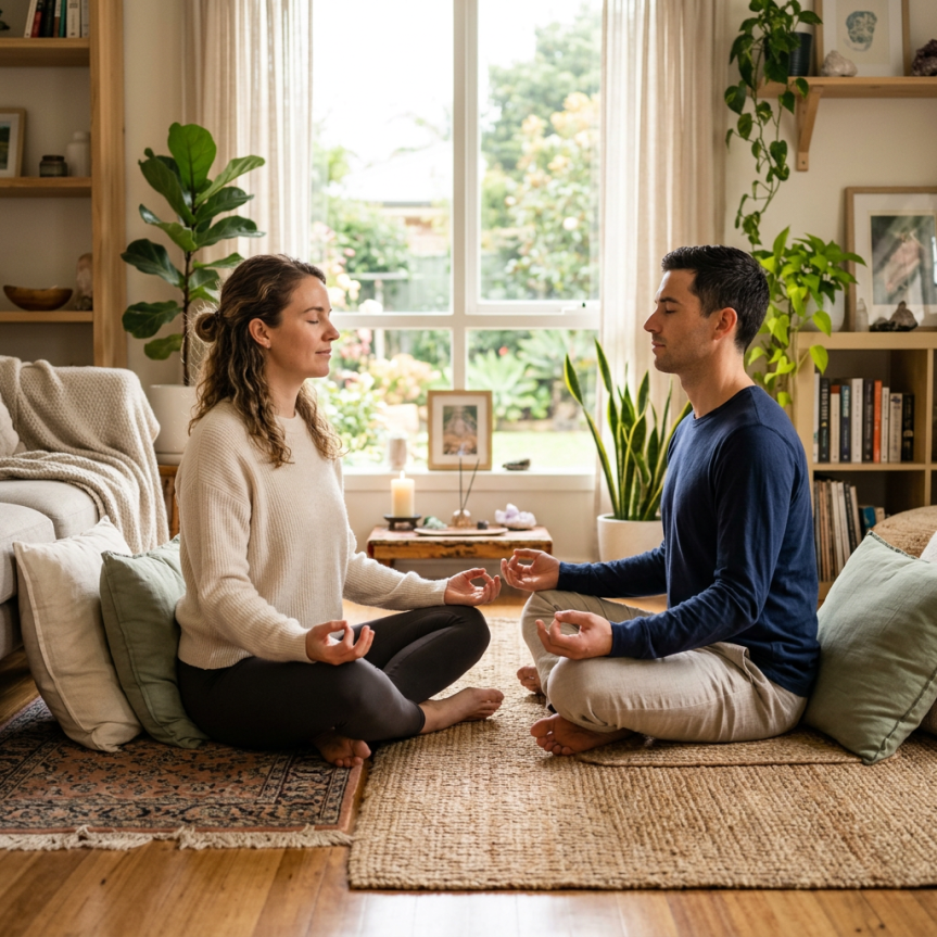 Man and woman sitting cross-legged meditating face to face indoors