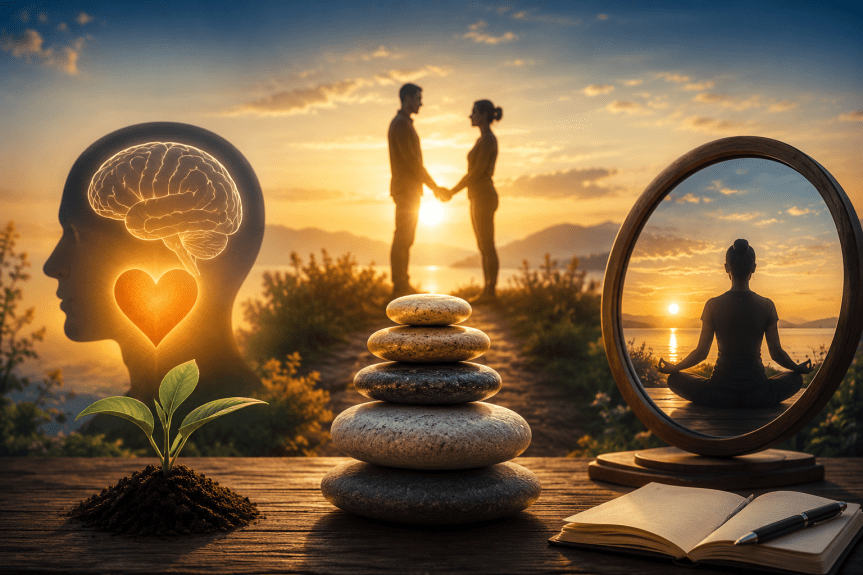 Équilibre émotionnel, développement personnel et harmonie amoureuse représentés par un couple, des pierres zen et des symboles de croissance intérieure au coucher du soleil.