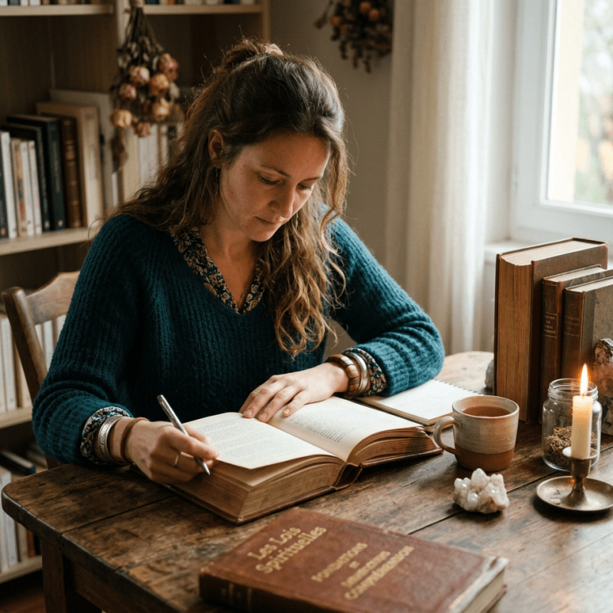 Woman reading and writing notes from an open book at a wooden table
