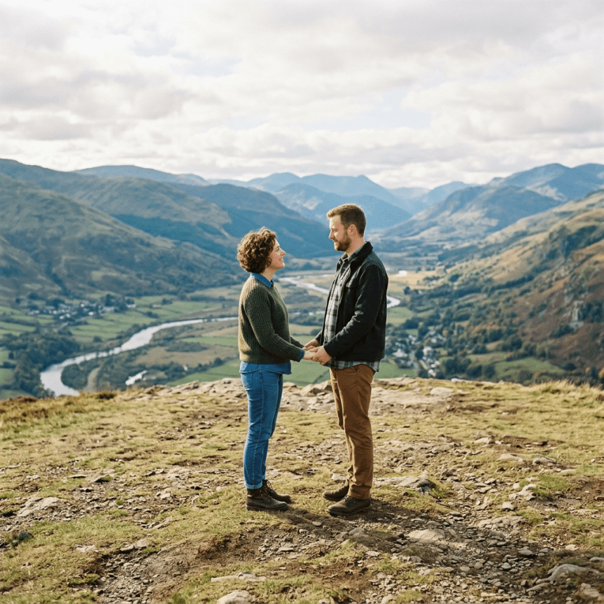 Couple holding hands facing each other on a mountain with valley and river in background