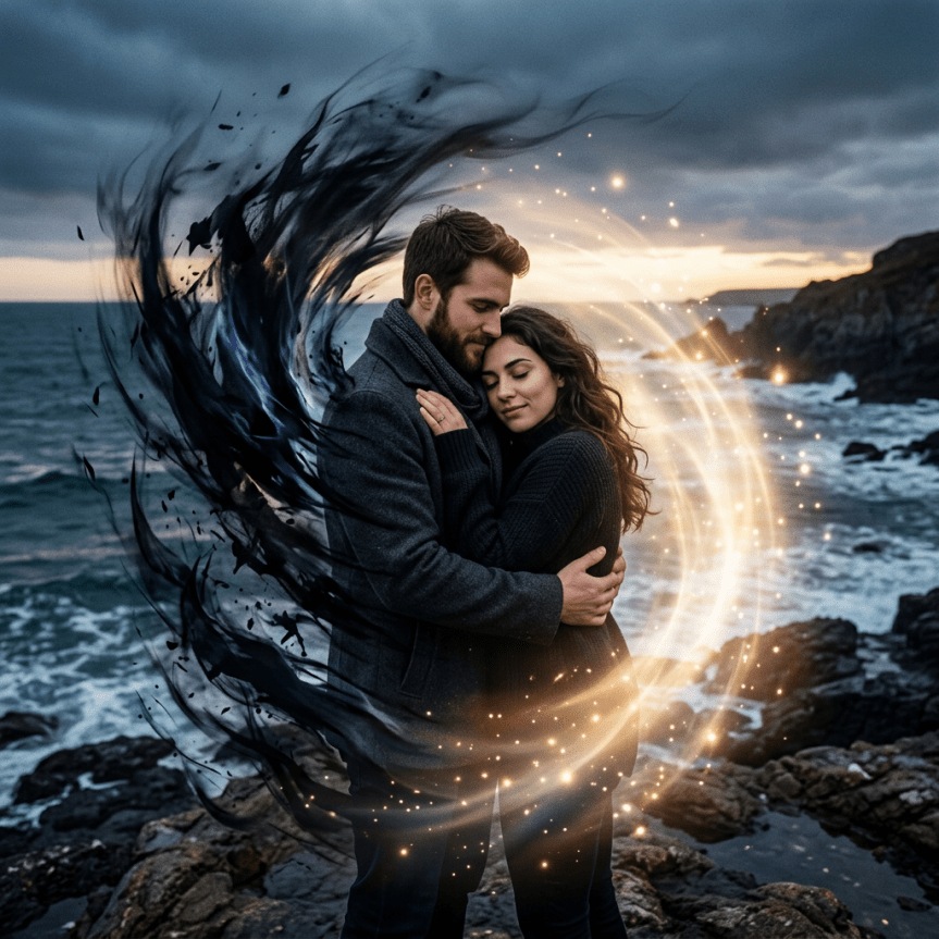 Couple hugging on rocky coast with swirling dark and golden magical effects around them