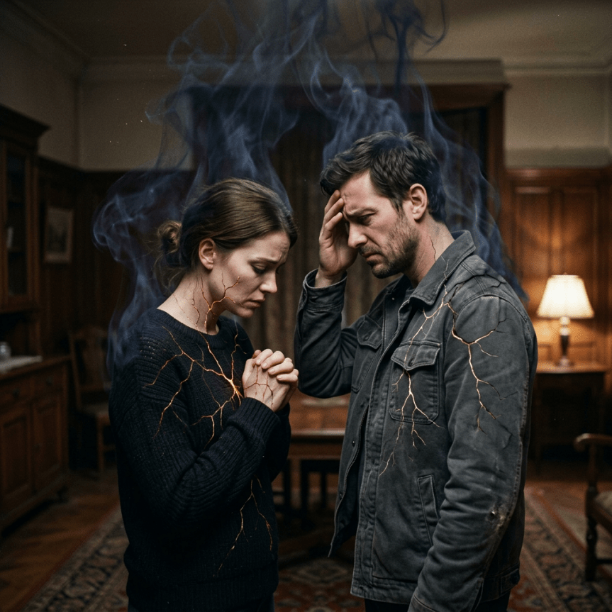 Couple standing indoors looking distressed with glowing cracks on their bodies and smoke around them