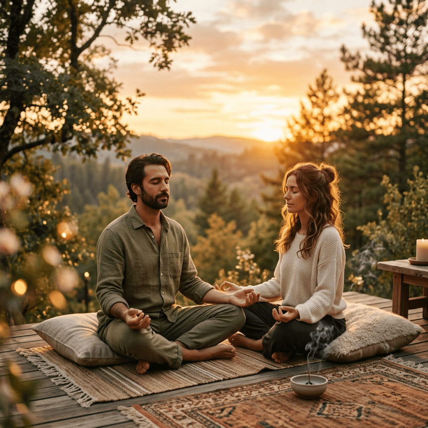 Couple meditating cross-legged on cushions outdoors during sunset surrounded by trees