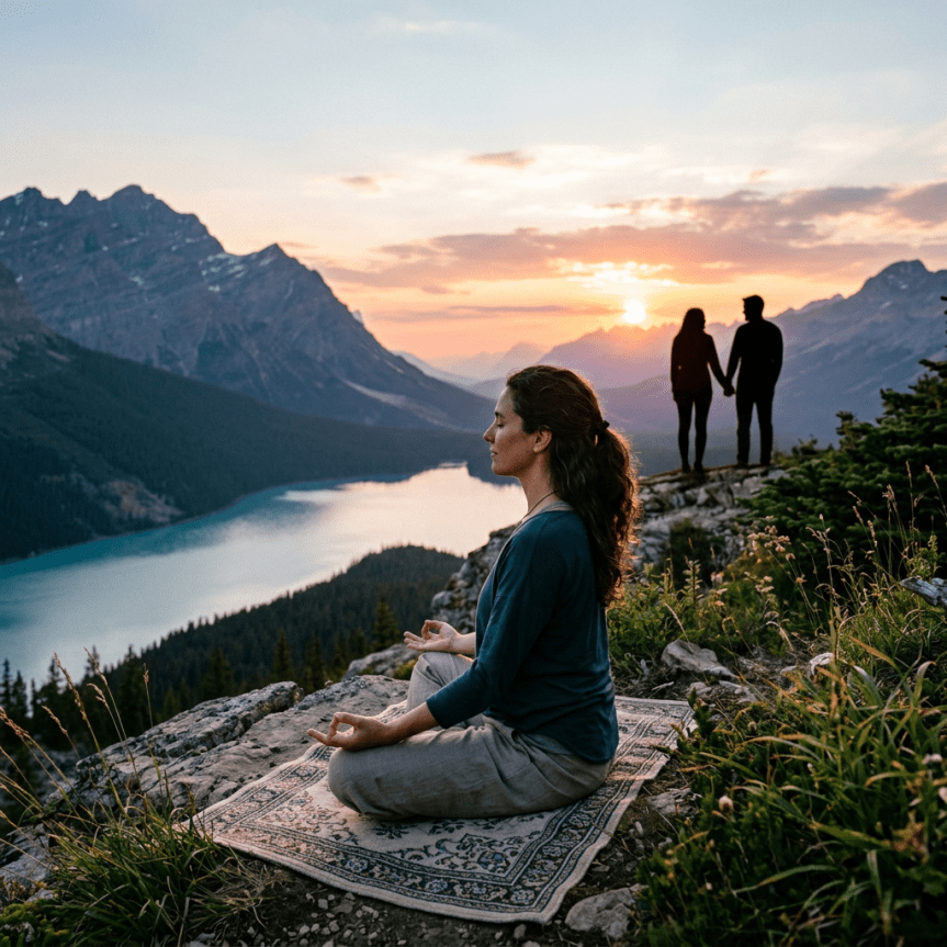 Woman meditating on a patterned rug overlooking a lake surrounded by mountains at sunset, with a silhouette of a couple holding hands in the background