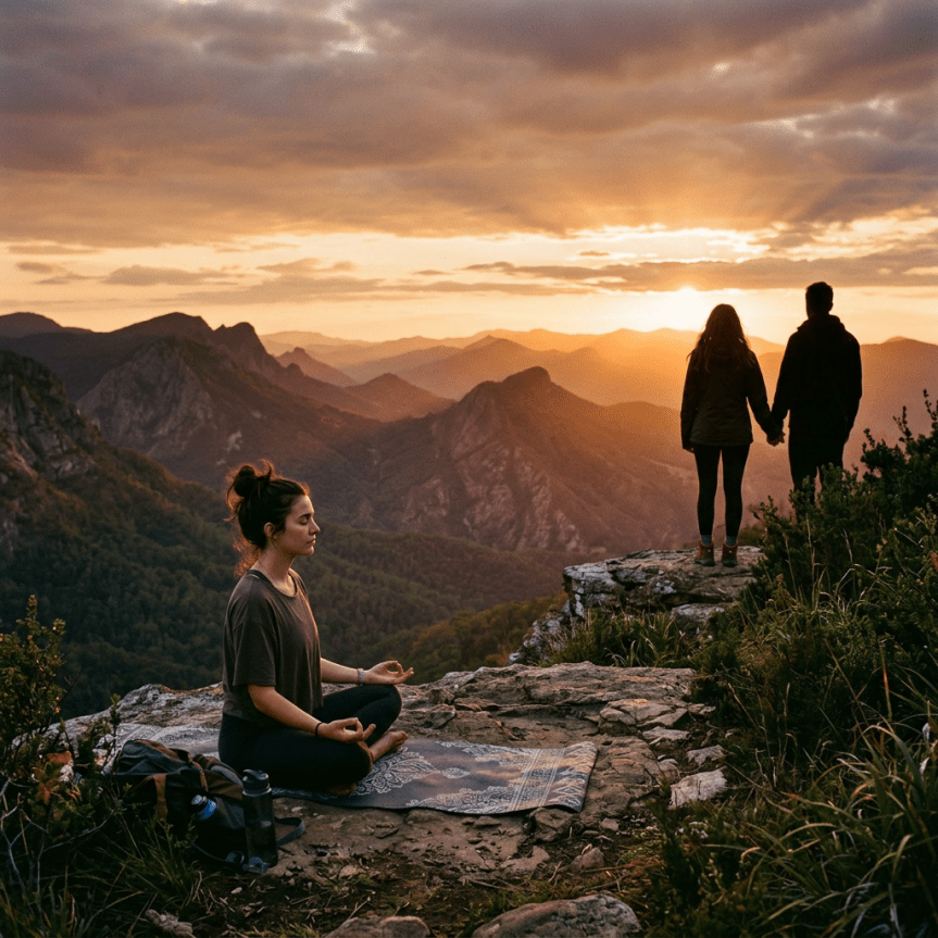 Woman meditating on a mat near a cliff with a couple holding hands looking at a mountain sunset