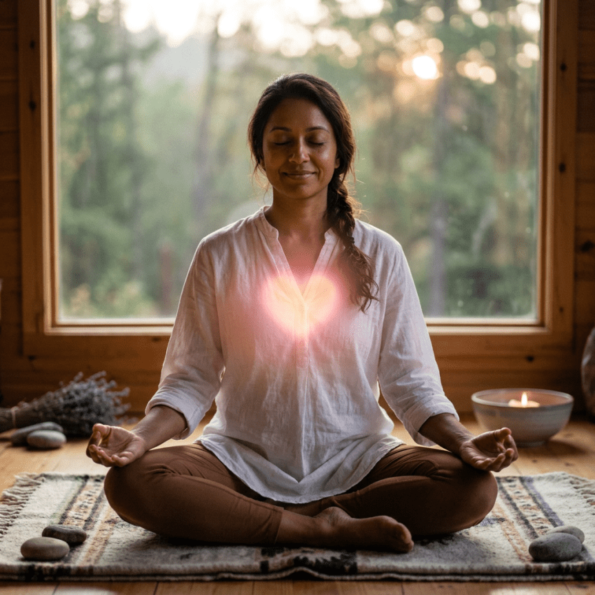 Woman sitting cross-legged in meditation with glowing heart light