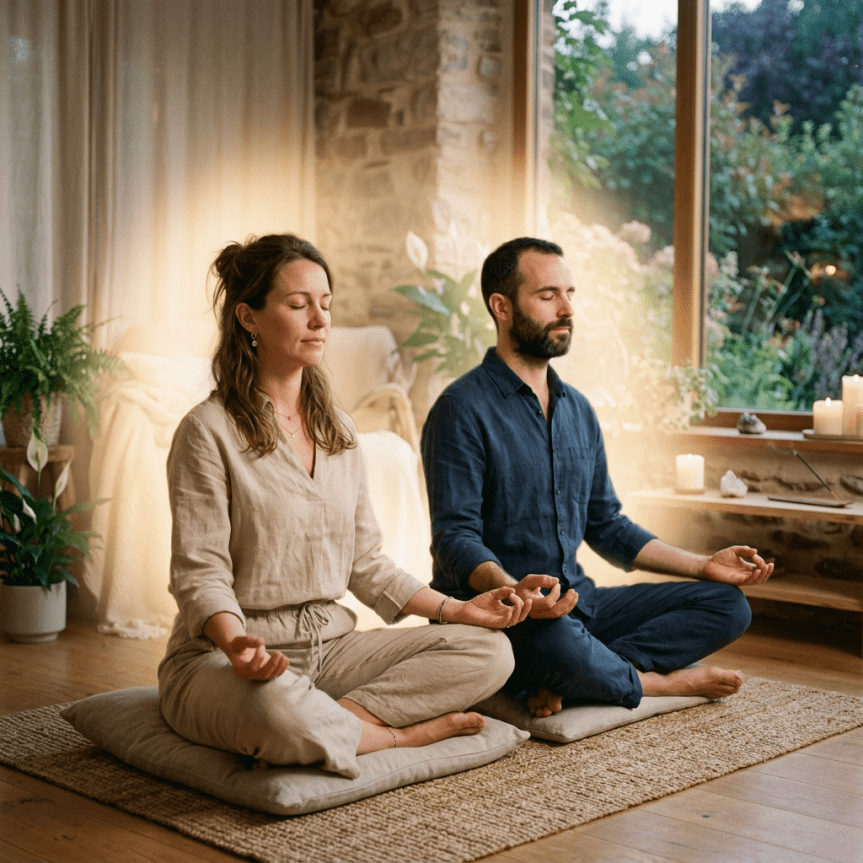 Couple meditating cross-legged on cushions in a cozy, plant-filled room with candles