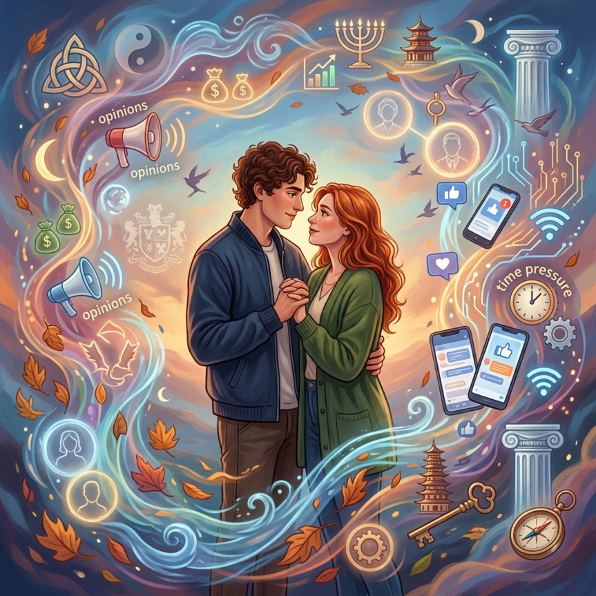 Young couple holding hands surrounded by symbols of opinions, social media, time pressure, and cultural elements