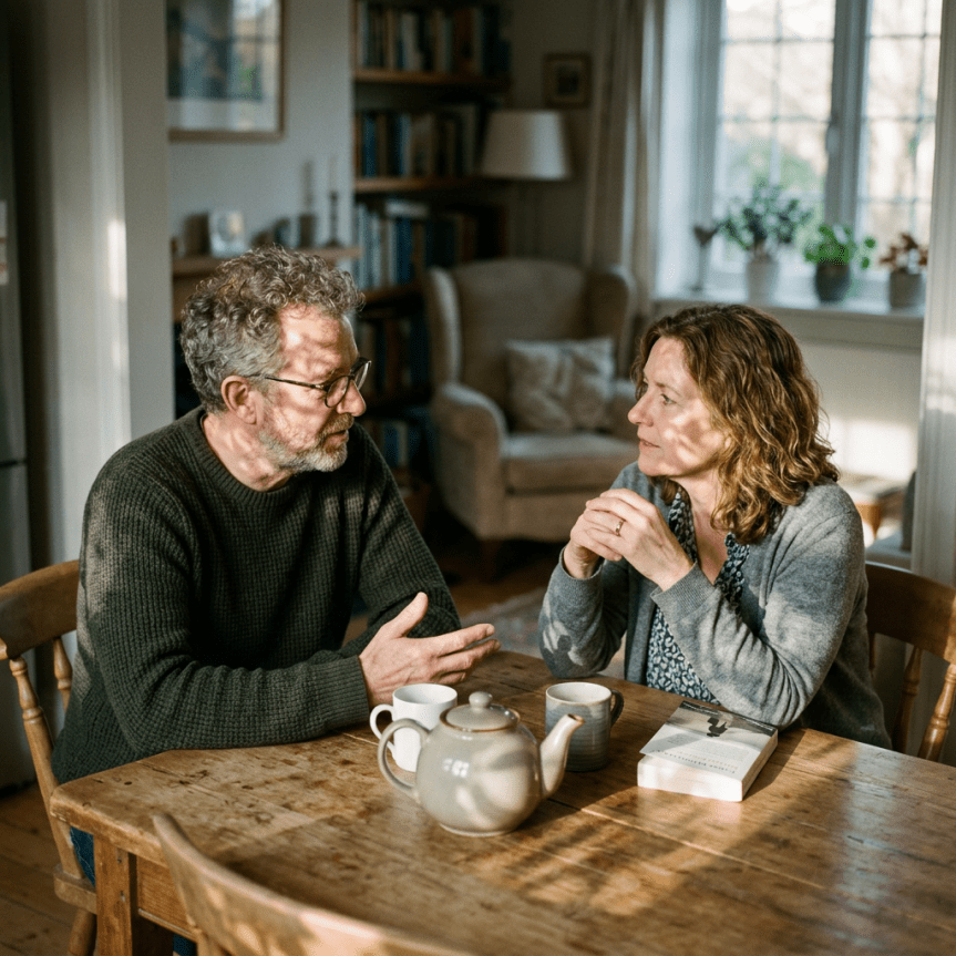 Middle-aged man and woman sitting at a wooden table with teapot and cups, talking attentively