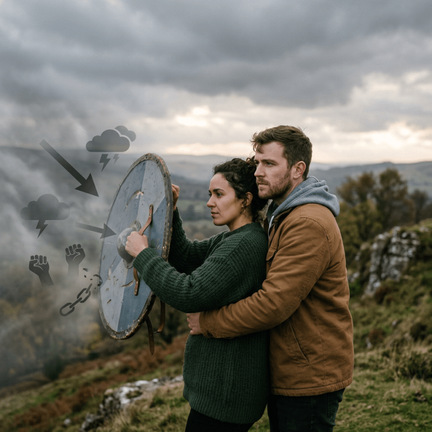 Couple holding a round shield standing outdoors with storm icons and fists representing resistance