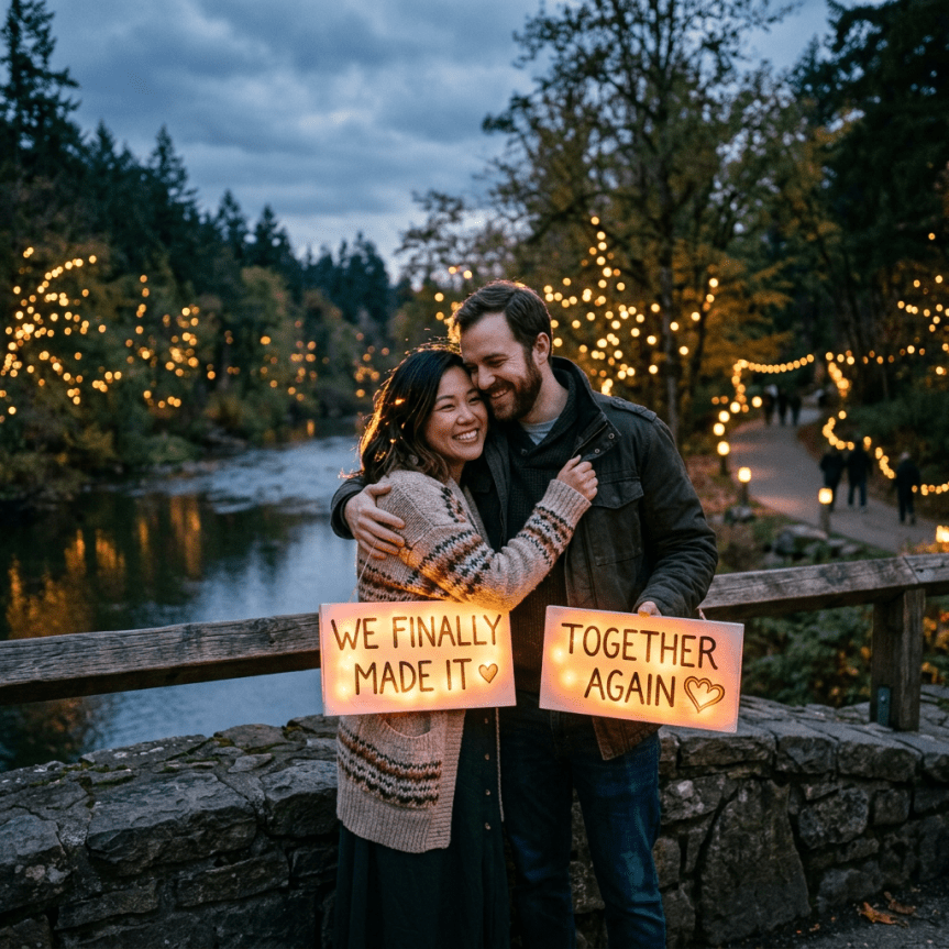 Couple hugging on a stone bridge holding lighted signs that say 'We finally made it' and 'Together again'