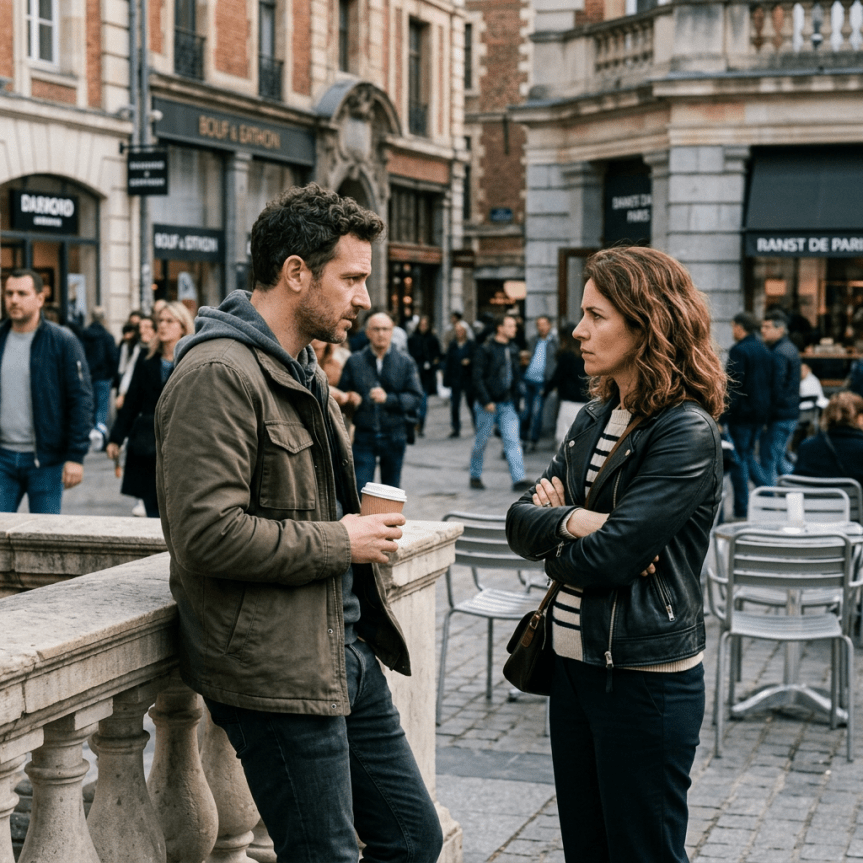 Man holding coffee cup talking to woman with crossed arms in city square