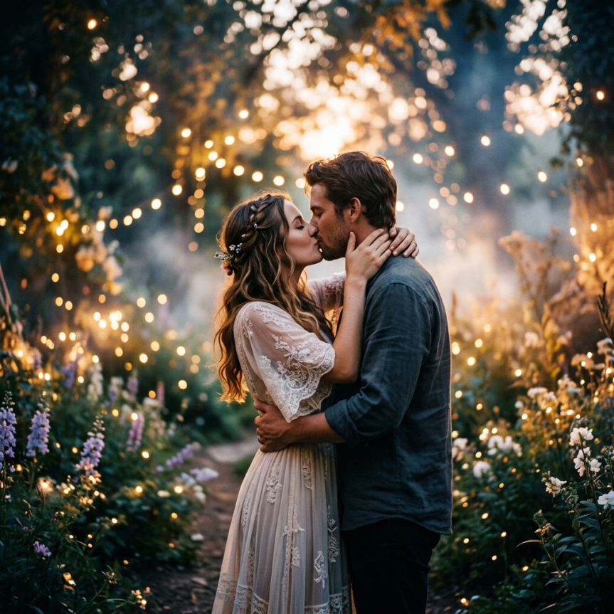 Couple kissing in a flower-filled garden with fairy lights glowing around them