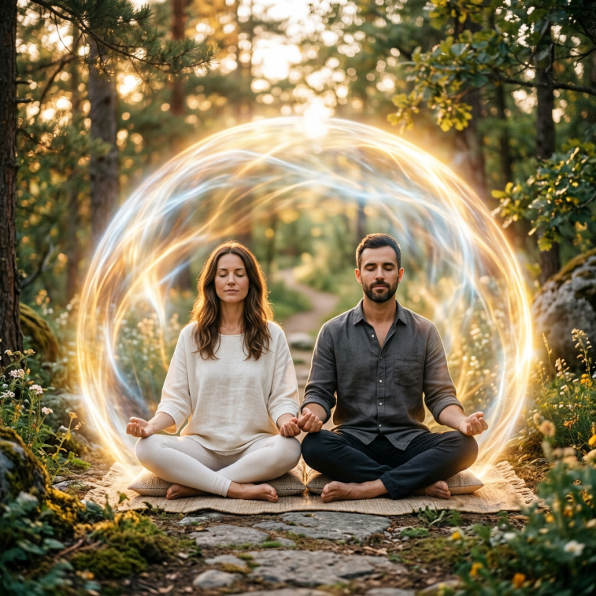 Man and woman sitting cross-legged meditating in forest with glowing energy rings around them