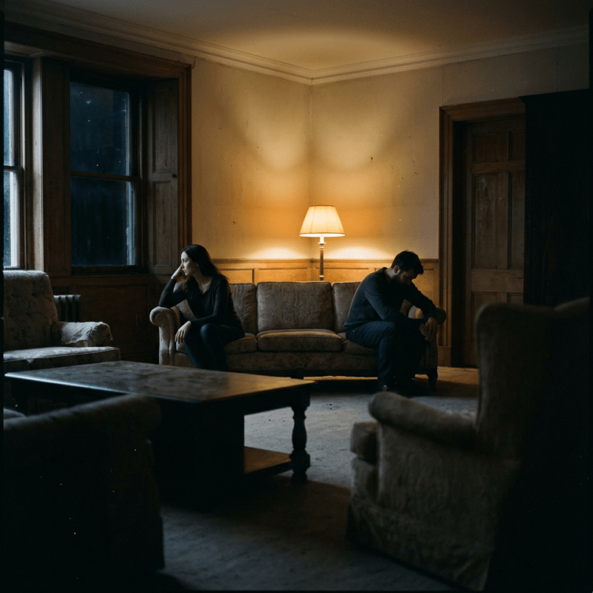 Man and woman sitting apart on a couch in a dimly lit room, both looking down or away in silence