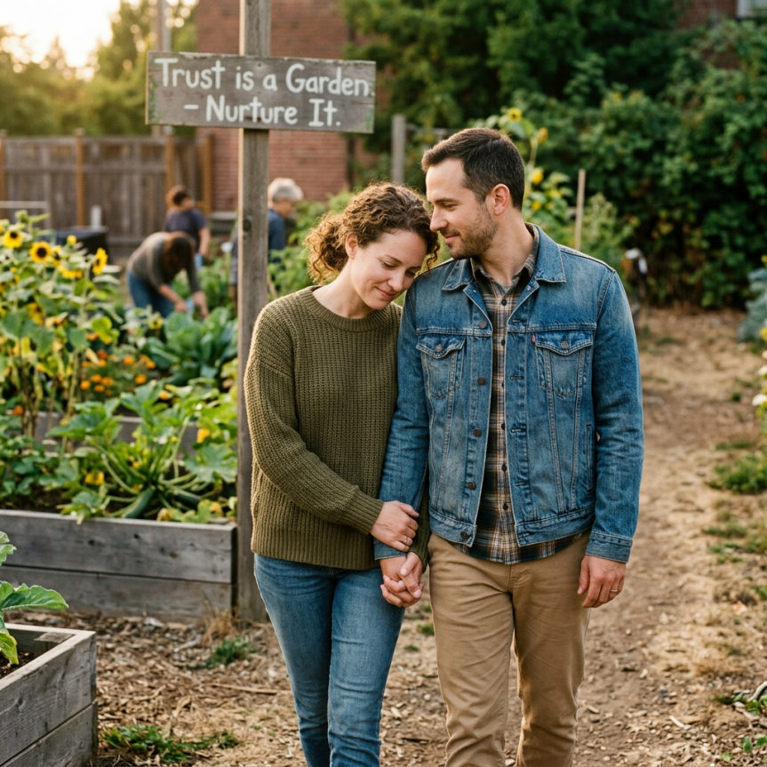 Couple holding hands and leaning on each other in a community garden with people gardening in the background