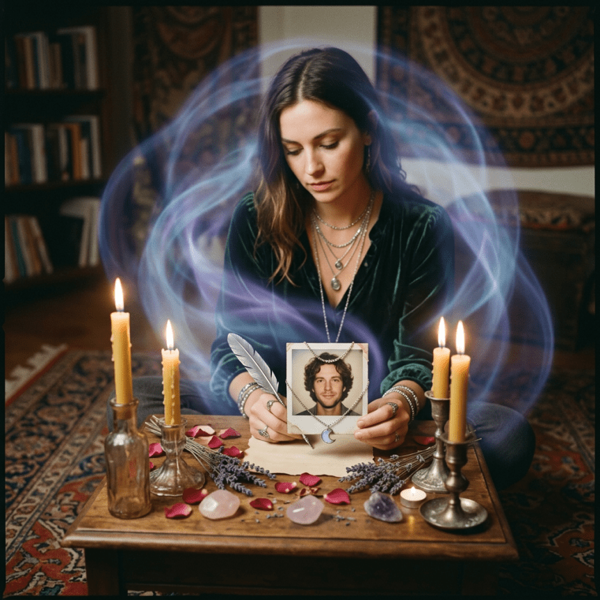 Woman holding a photo at a memorial altar with candles, crystals, and blue aura