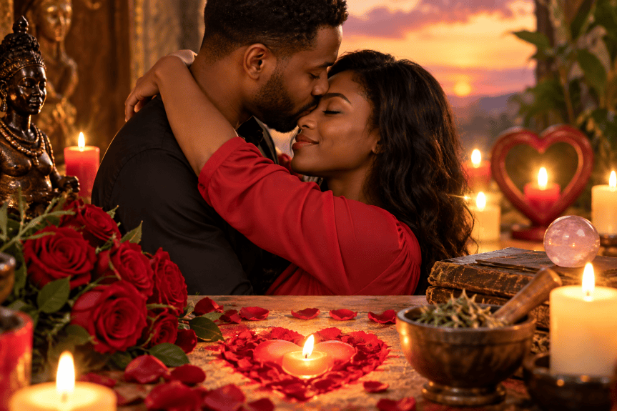 Couple réuni dans une ambiance romantique autour de bougies et de roses