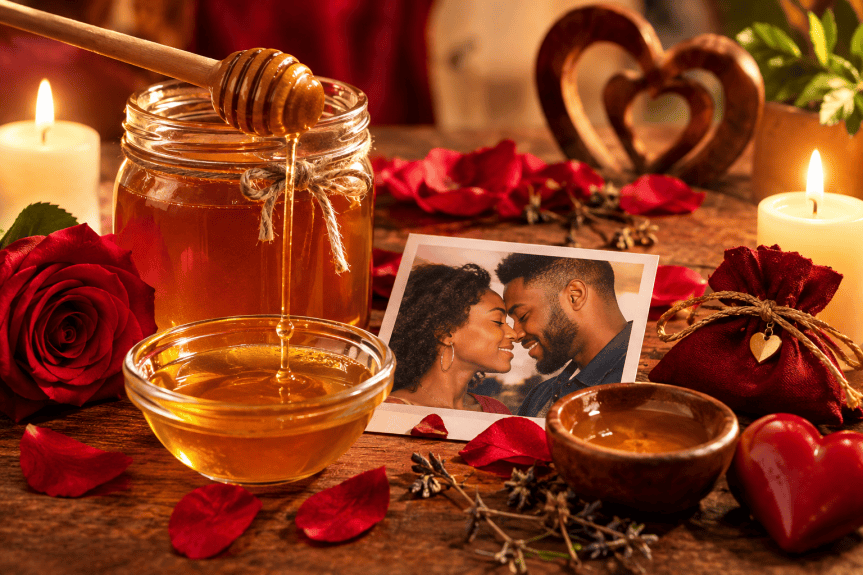 Rituel d’amour avec miel, bougies, roses et photo de couple pour raviver l’amour